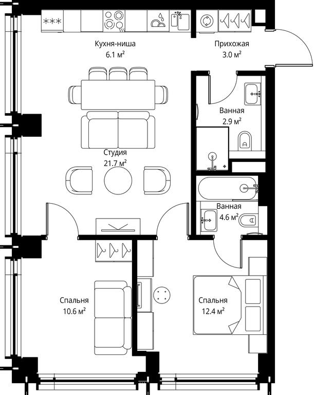 2-BD Apartment Sale, 61.3 sq. m. at Symphony 34, 2nd Khutorskaya Street, 38А, Moscow, Russia #2 2-BD Apartment Sale, 61.3 sq. m. at Symphony 34, 2nd Khutorskaya Street, 38А, Moscow, Russia #2