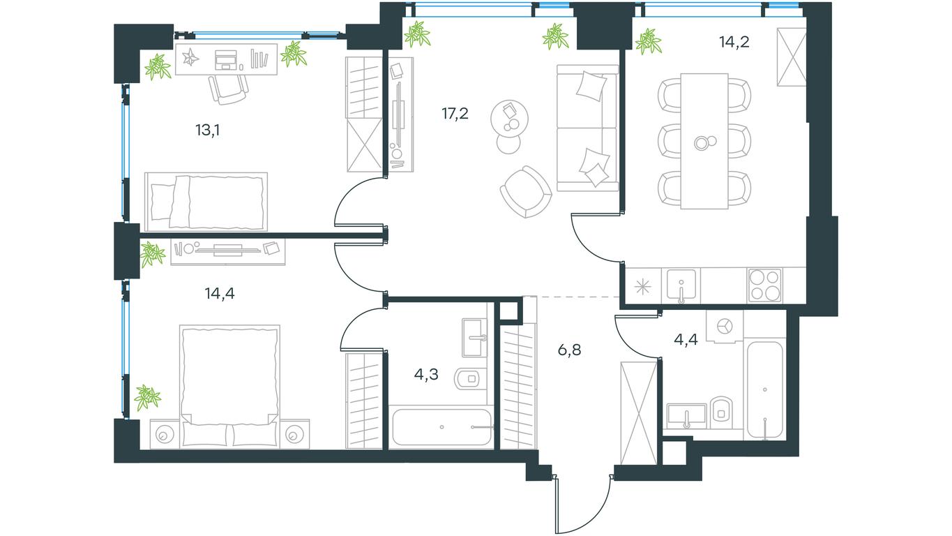 2-BD Apartment Sale, 74.4 sq. m. at Level Michurinskiy, Озёрная улица, вл1, Москва, Россия #2 2-BD Apartment Sale, 74.4 sq. m. at Level Michurinskiy, Озёрная улица, вл1, Москва, Россия #2