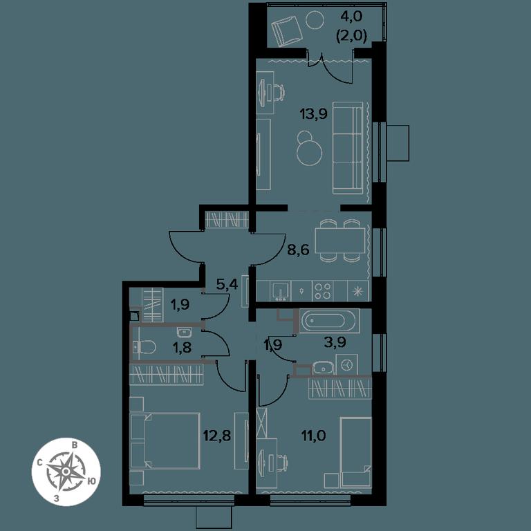 3-BD Apartment Sale, 63.2 sq. m. at Pervy Donskoj, zhiloy mikrorayon Sapronovo, derevnya Sapronovo, Leninskiy City District, Moscow Region, Russia #1