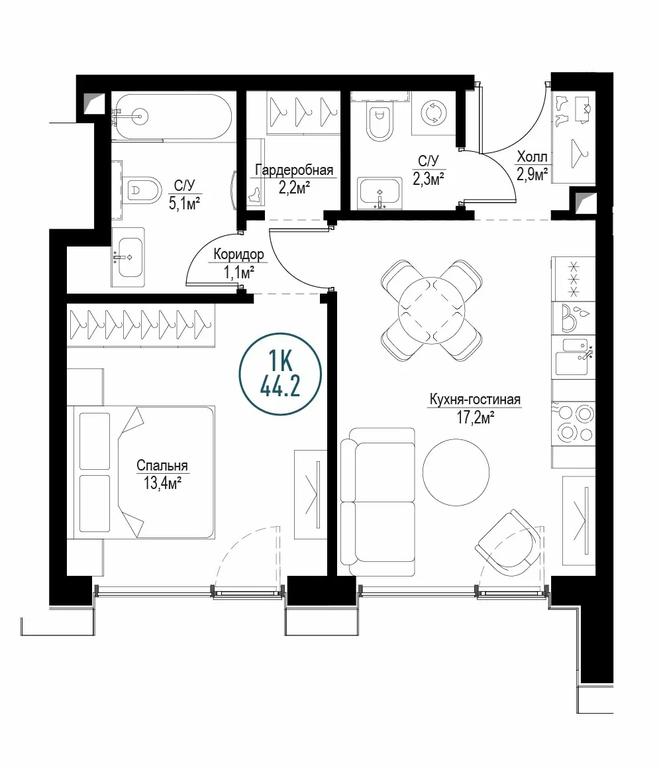 1-BD Apartment Sale, 43.9平方米 at Metropoliya, Volgogradsky Avenue, 32/3к1, Moscow, Russia #1