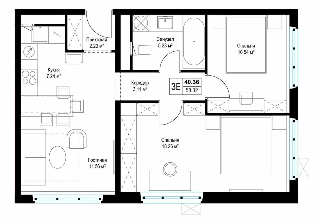2-BD Apartment Sale, 58.4平方米 at Eko Vidnoe 2.0, kvartal Tsentralny, 1, Kupelinka Subdistrict, derevnya Sapronovo, Leninskiy City District, Moscow Region, Russia #1 2-BD Apartment Sale, 58.4平方米 at Eko Vidnoe 2.0, kvartal Tsentralny, 1, Kupelinka Subdistrict, derevnya Sapronovo, Leninskiy City District, Moscow Region, Russia #1