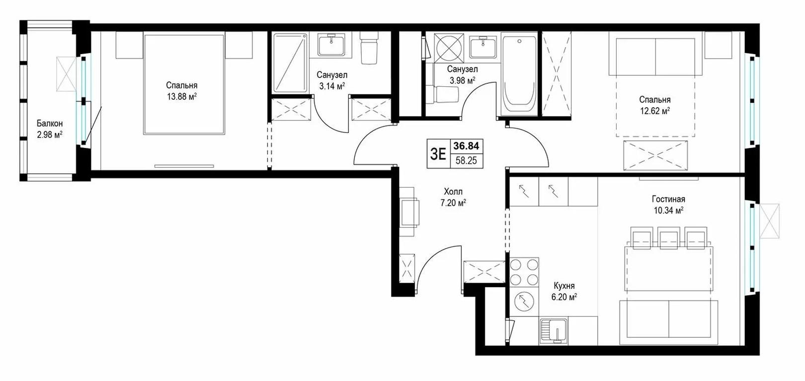 2-BD Apartment Sale, 58.7平方米 at Eko Vidnoe 2.0, kvartal Tsentralny, 1, Kupelinka Subdistrict, derevnya Sapronovo, Leninskiy City District, Moscow Region, Russia #1