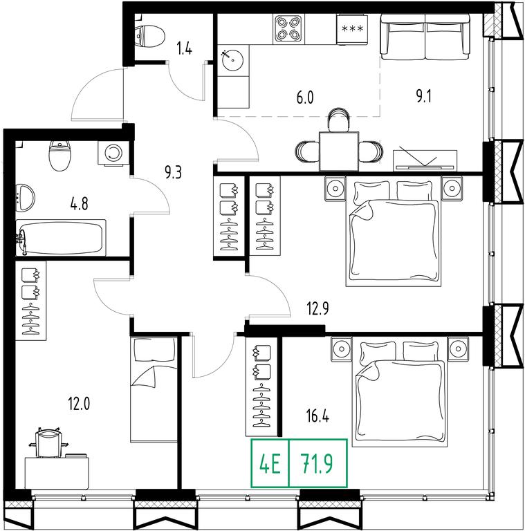 4-BD Apartment Sale, 71.9 sq. m. at Zarechnyi Kvartal, Torgovaya ulitsa, rabochiy posyolok Zarechye, Odintsovskiy City District, Moscow Region, Russia #1