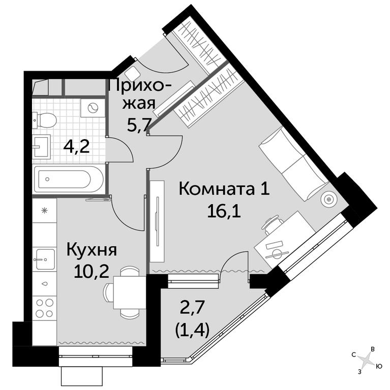 1-BD Apartment Sale, 38.4 sq. m. at Datskiy Kvartal, Datskiy Kvartal Residential Complex, posyolok Nagornoye, Mytishi Urban District, Moscow Region, Russia #1