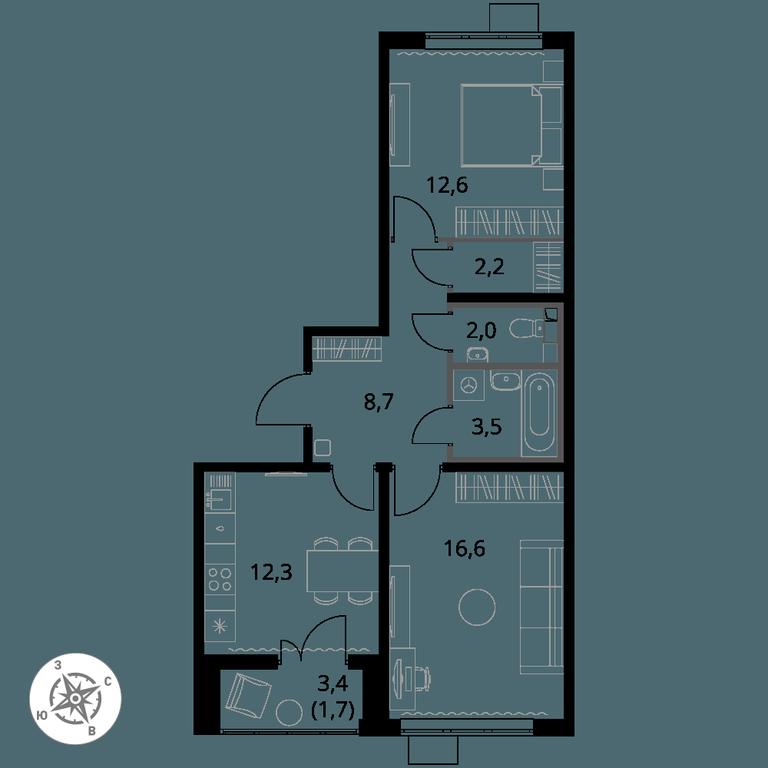 2-BD Apartment Sale, 59.6 sq. m. at Pervy Yuzhny, zhiloy kompleks Pervy Yuzhny, Leninskiy City District, Moscow Region, Russia #1