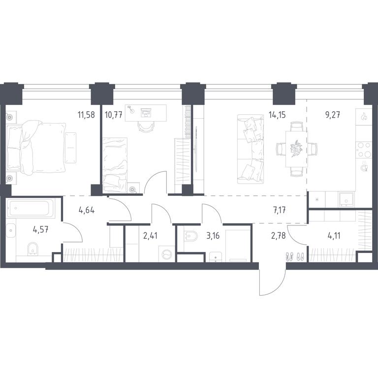 1-BD Apartment Sale, 74.61 sq. m. at Nova, Bratyev Fonchenko Street, вл21, Moscow, Russia #1