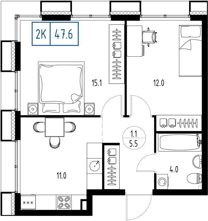 2-BD Apartment Sale, 47.6 sq. m. at Zarechnyi Kvartal, Torgovaya ulitsa, rabochiy posyolok Zarechye, Odintsovskiy City District, Moscow Region, Russia #1