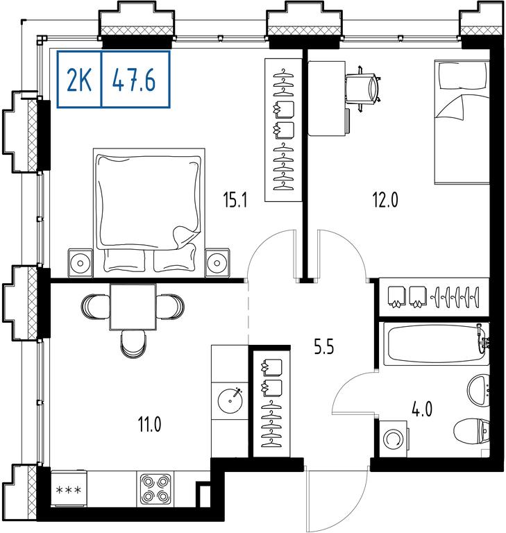 2-BD Apartment Sale, 47.6 sq. m. at Zarechnyi Kvartal, Torgovaya ulitsa, rabochiy posyolok Zarechye, Odintsovskiy City District, Moscow Region, Russia #1