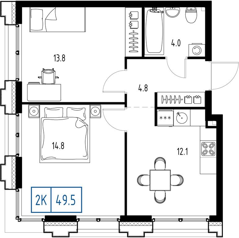 2-BD Apartment Sale, 49.5平方米 at Zarechnyi Kvartal, Torgovaya ulitsa, rabochiy posyolok Zarechye, Odintsovskiy City District, Moscow Region, Russia #1
