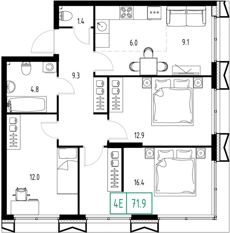 4-BD Apartment Sale, 71.9平方米 at Zarechnyi Kvartal, Torgovaya ulitsa, rabochiy posyolok Zarechye, Odintsovskiy City District, Moscow Region, Russia #1