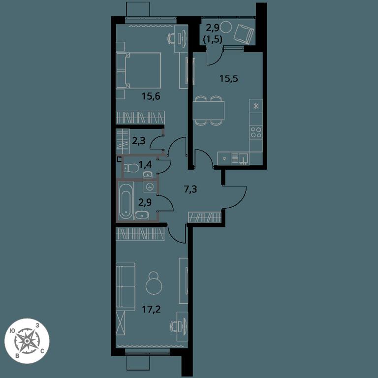 2-BD Apartment Sale, 63.7 sq. m. at Pervy Donskoj, zhiloy mikrorayon Sapronovo, derevnya Sapronovo, Leninskiy City District, Moscow Region, Russia #1