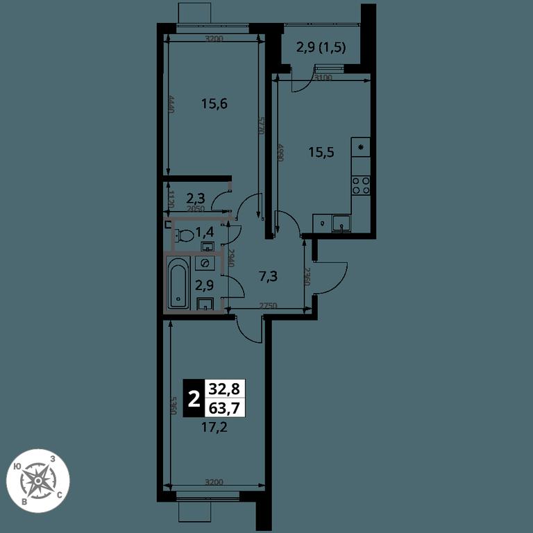 2-BD Apartment Sale, 63.7 sq. m. at Pervy Donskoj, zhiloy mikrorayon Sapronovo, derevnya Sapronovo, Leninskiy City District, Moscow Region, Russia #2