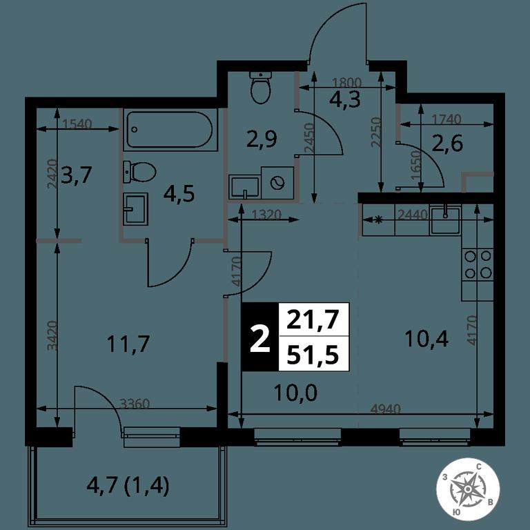 2-BD Apartment Sale, 51.5 sq. m. at 1 Izmajlovskij, Montazhnaya Street, 8с13, Moscow, Russia #2
