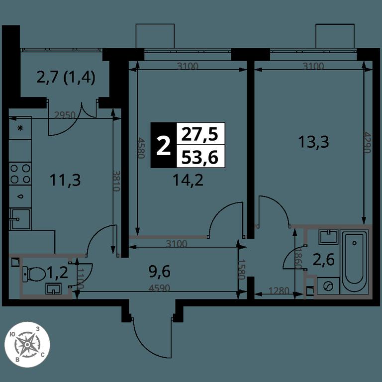 2-BD Apartment Sale, 53.6平方米 at Pervy Donskoj, zhiloy mikrorayon Sapronovo, derevnya Sapronovo, Leninskiy City District, Moscow Region, Russia #2