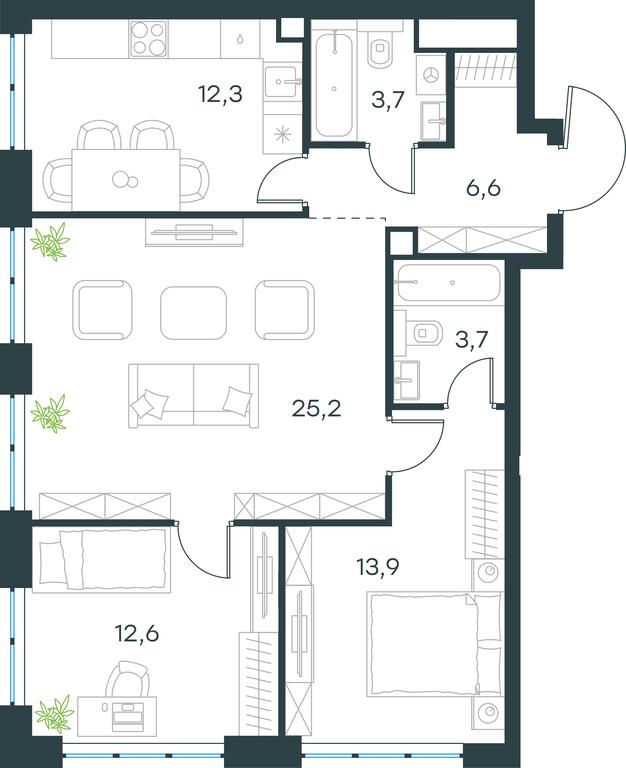 2-BD Apartment Sale, 78平方米 at Level Michurinskiy, Озёрная улица, вл1, Москва, Россия #1