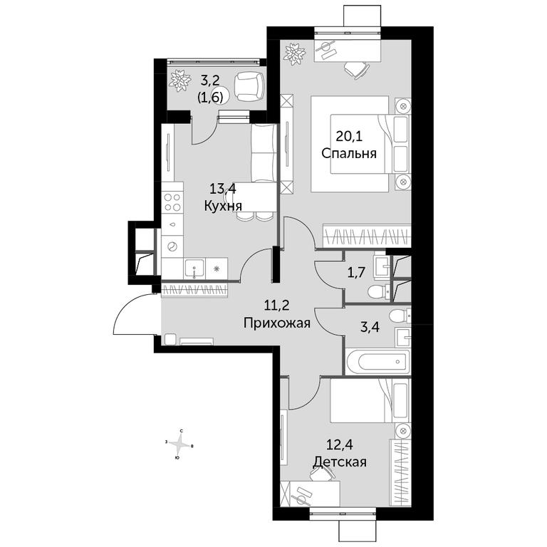 2-BD Apartment Sale, 63.7平方米 at Rimskiy, Rimskiy proyezd, 1, Settlement of Razvilka, Leninskiy City District, Moscow Region, Russia #1
