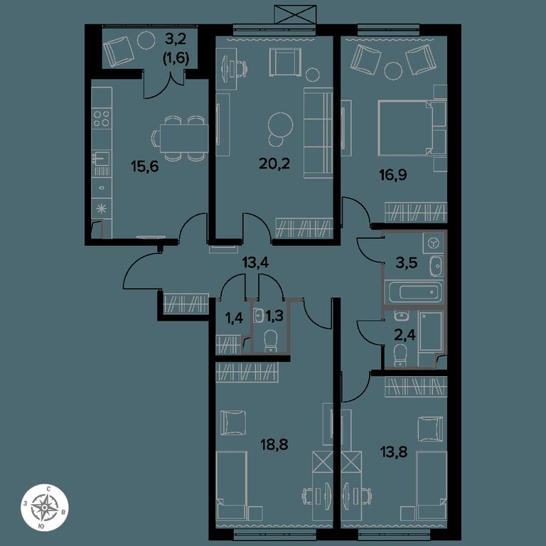 4-BD Apartment Sale, 109.1 sq. m. at Yzhnaya Bitsa, Yuzhnaya Bitsa Residential Complex, posyolok Bittsa, Leninskiy City District, Moscow Region, Russia #1