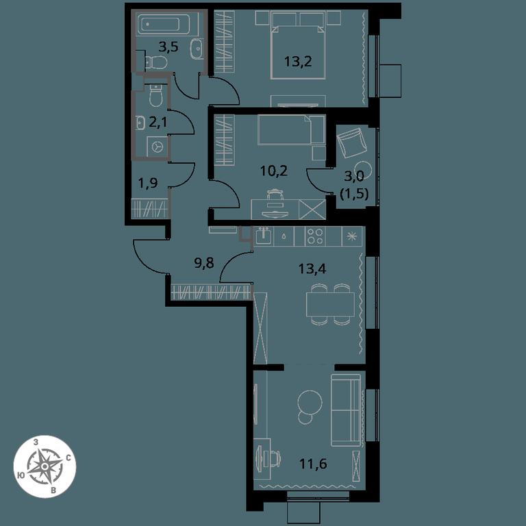3-BD Apartment Sale, 67.2平方米 at Pervy Yuzhny, zhiloy kompleks Pervy Yuzhny, Leninskiy City District, Moscow Region, Russia #1