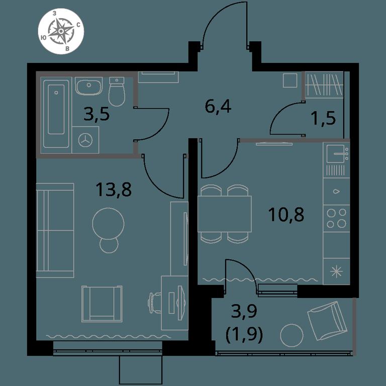 1-BD Apartment Sale, 37.9平方米 at Pervy Yuzhny, zhiloy kompleks Pervy Yuzhny, Leninskiy City District, Moscow Region, Russia #1