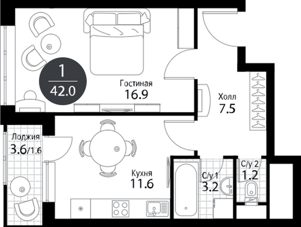 1-BD Apartment Sale, 42.3 sq. m. at Letniy Sad, Dmitrovskoye Highway, 107к1, Moscow, Russia #1