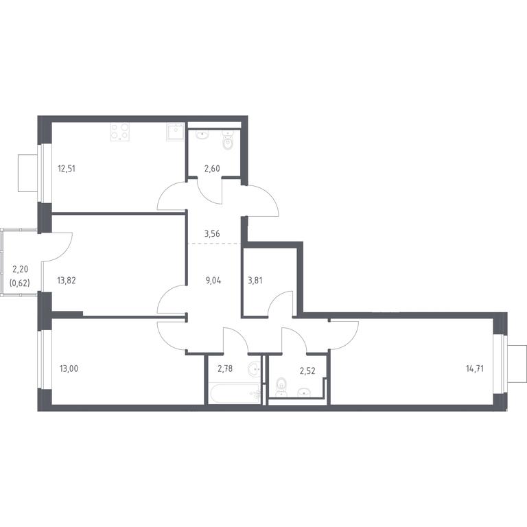 2-BD Apartment Sale, 78.97 sq. m. at Bogdanovskiy Les, derevnya Bogdanikha, Leninskiy City District, Moscow Region, Russia #1