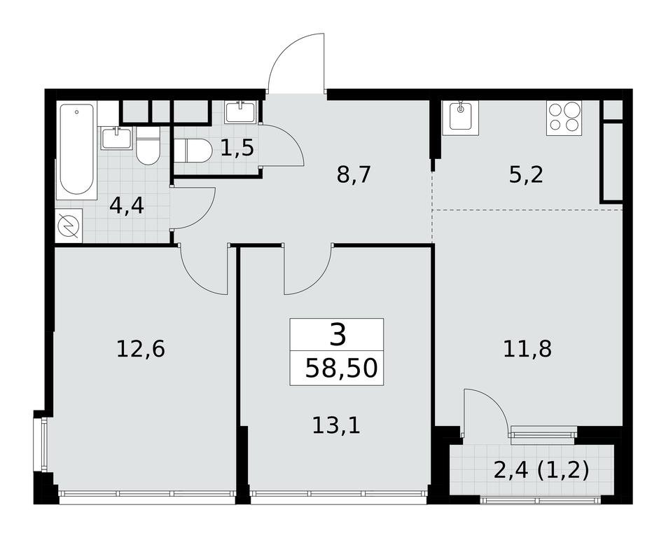 2-BD Apartment Sale, 58.5平方米 at Yzhnye Sady, Yuzhnye Sady Residential Complex, Moscow, Russia #1