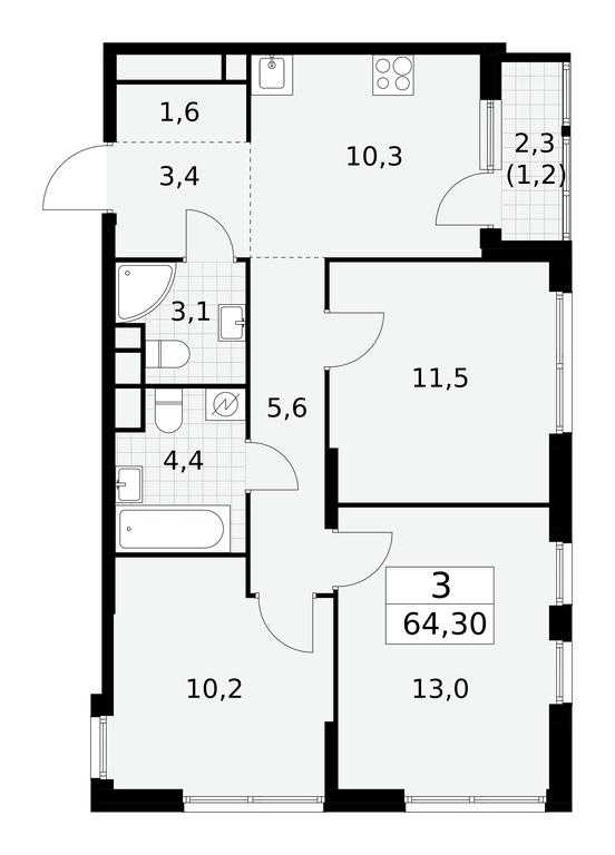 2-BD Apartment Sale, 64.3平方米 at Yzhnye Sady, Yuzhnye Sady Residential Complex, Moscow, Russia #2 2-BD Apartment Sale, 64.3平方米 at Yzhnye Sady, Yuzhnye Sady Residential Complex, Moscow, Russia #2