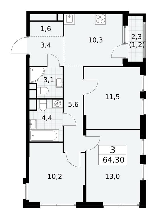 2-BD Apartment Sale, 64.3 sq. m. at Yzhnye Sady, Yuzhnye Sady Residential Complex, Moscow, Russia #1 2-BD Apartment Sale, 64.3 sq. m. at Yzhnye Sady, Yuzhnye Sady Residential Complex, Moscow, Russia #1