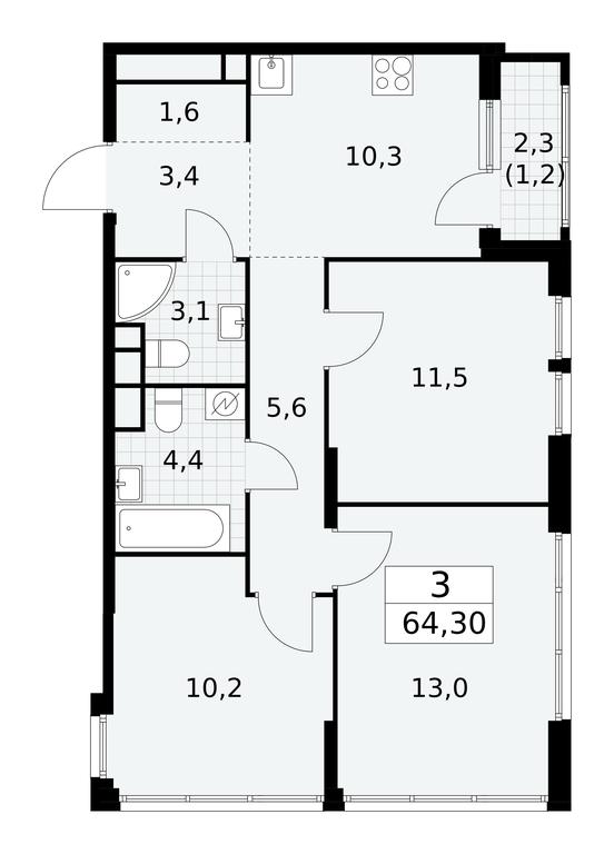 2-BD Apartment Sale, 64.3 sq. m. at Yzhnye Sady, Yuzhnye Sady Residential Complex, Moscow, Russia #2 2-BD Apartment Sale, 64.3 sq. m. at Yzhnye Sady, Yuzhnye Sady Residential Complex, Moscow, Russia #2
