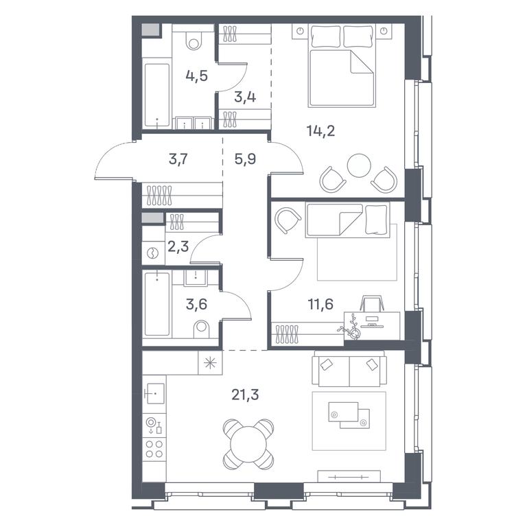 2-BD Apartment Sale, 70.5平方米 at Portland, Yuzhnoportovaya Street, 42с5, Moscow, Russia #1