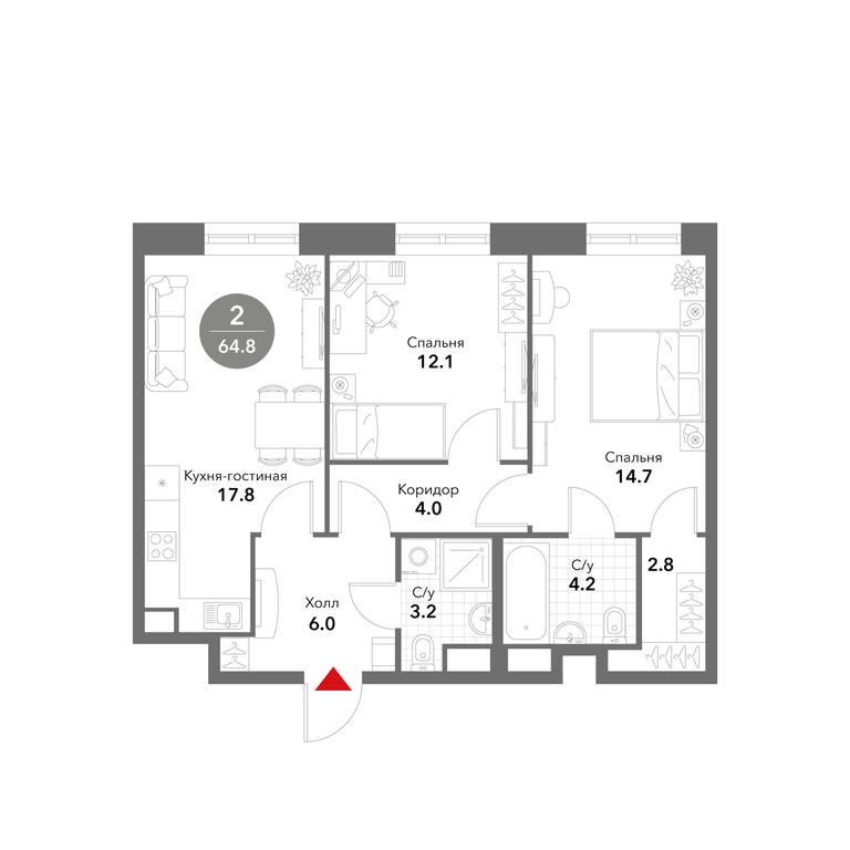 2-BD Apartment Sale, 64.9平方米 at Voxhall, Letnikovskaya Street, 4с2, Moscow, Russia #1