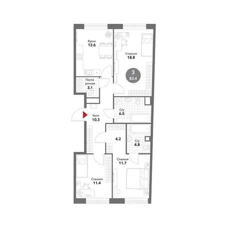 3-BD Apartment Sale, 83.6平方米 at Voxhall, Letnikovskaya Street, 4с2, Moscow, Russia #1