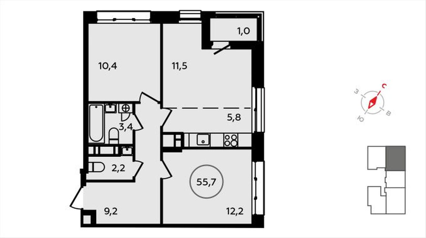 2-BD Apartment Sale, 55.7 sq. m. at Skandinaviya, Skandinaviya Residential Complex, Sosenskoye Settlement, Moscow, Russia #1