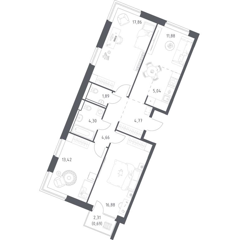 2-BD Apartment Sale, 81.39 sq. m. at Kvartal Zapadnyj, kvartal № 76, Marushkinskoye Settlement, Moscow, Russia #1