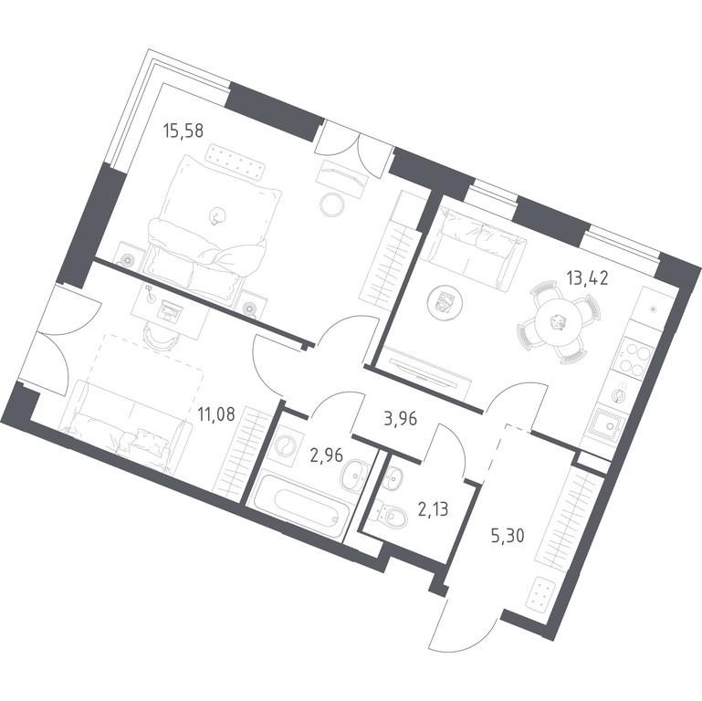 1-BD Apartment Sale, 54.43平方米 at Kvartal Zapadnyj, kvartal № 76, Marushkinskoye Settlement, Moscow, Russia #1