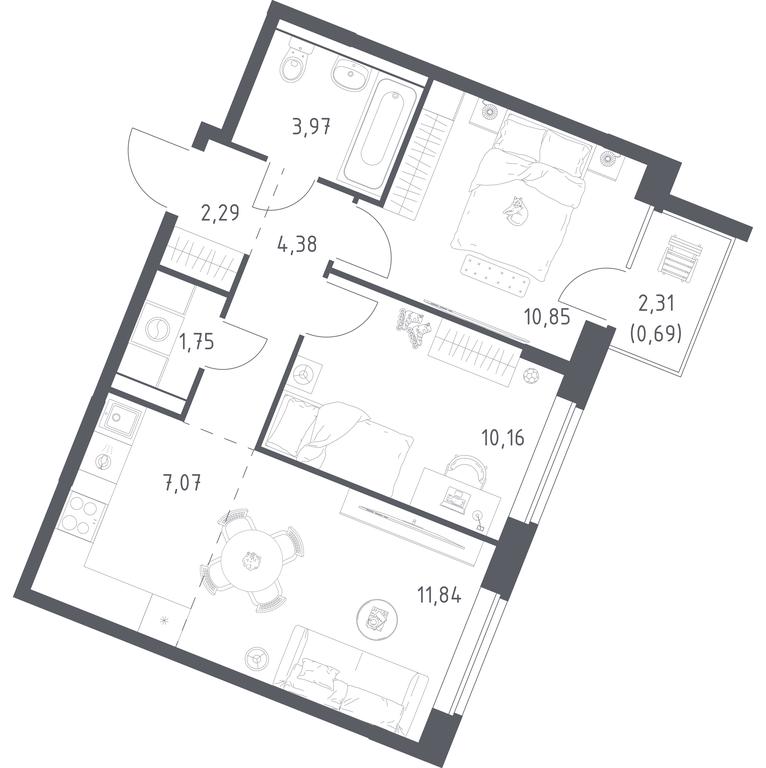 1-BD Apartment Sale, 53 sq. m. at Kvartal Zapadnyj, kvartal № 76, Marushkinskoye Settlement, Moscow, Russia #1