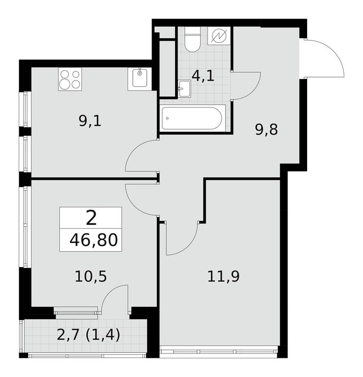 1-BD Apartment Sale, 46.8 sq. m. at Yzhnye Sady, Yuzhnye Sady Residential Complex, Moscow, Russia #2