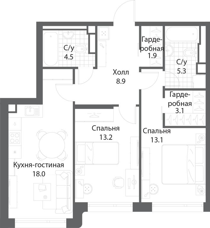 2-BD Apartment Sale, 68.1 sq. m. at Nagatino i-Land, Andropova Avenue, 18с4, Moscow, Russia #1
