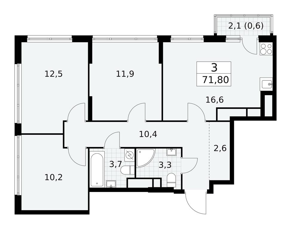 2-BD Apartment Sale, 71.8平方米 at Yzhnye Sady, Yuzhnye Sady Residential Complex, Moscow, Russia #2