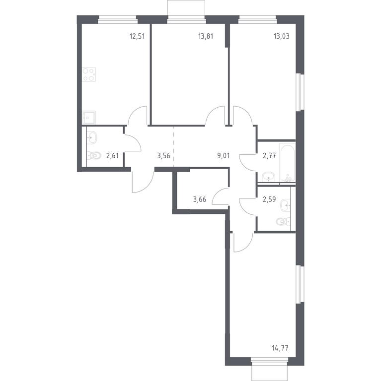 2-BD Apartment Sale, 78.32平方米 at Mytishchi Park, Silikatnaya ulitsa, 41к3, Mytischi, Moscow Region, Russia #1