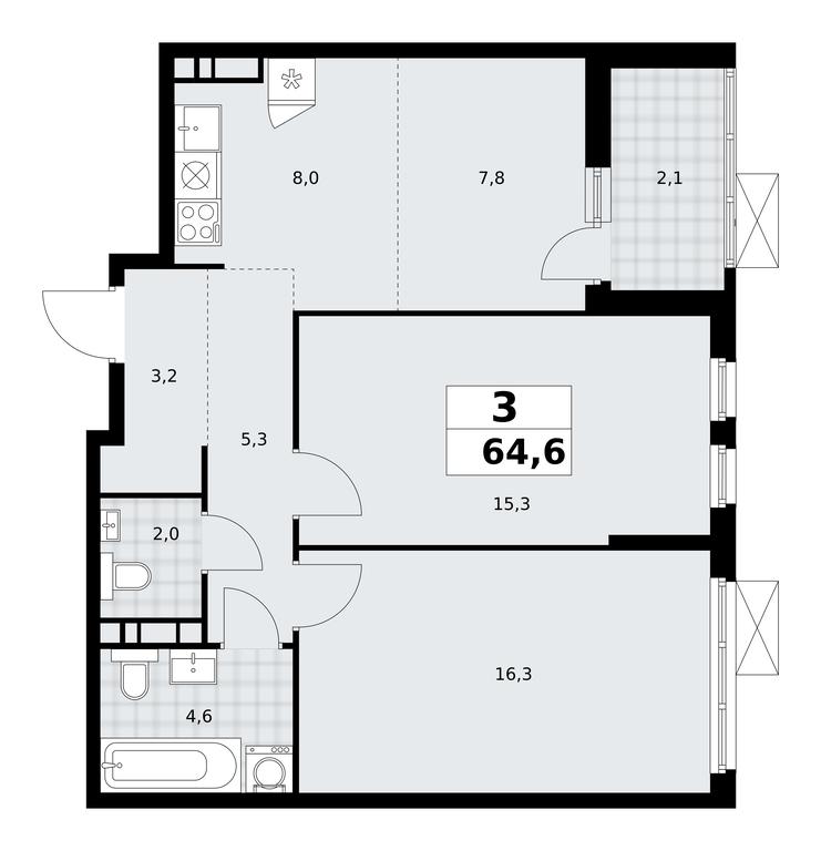 2-BD Apartment Sale, 64.6平方米 at Skandinaviya, Skandinaviya Residential Complex, Sosenskoye Settlement, Moscow, Russia #2