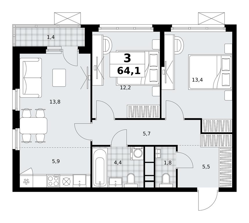 2-BD Apartment Sale, 64.1 sq. m. at Skandinaviya, Skandinaviya Residential Complex, Sosenskoye Settlement, Moscow, Russia #1