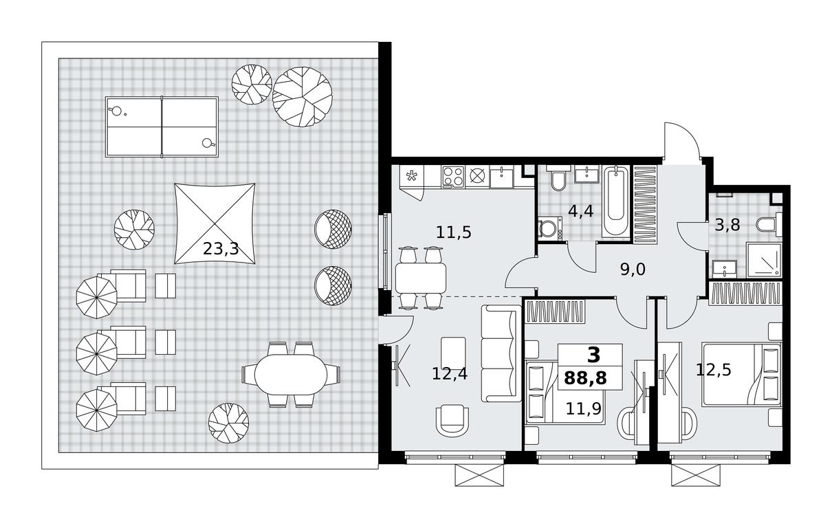 2-BD Apartment Sale, 88.8 sq. m. at Skandinaviya, Skandinaviya Residential Complex, Sosenskoye Settlement, Moscow, Russia #1