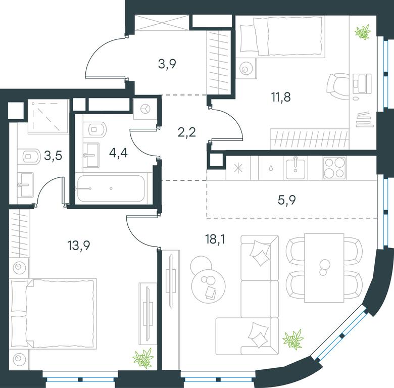 2-BD Apartment Sale, 63.7 sq. m. at Level Nizhegorodskaja, Perovskoye Highway, 21с1, Moscow, Russia #1