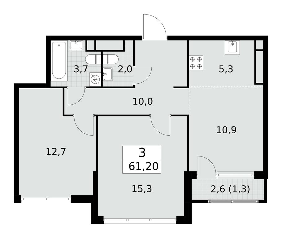 2-BD Apartment Sale, 61.2 sq. m. at Yzhnye Sady, Yuzhnye Sady Residential Complex, Moscow, Russia #1