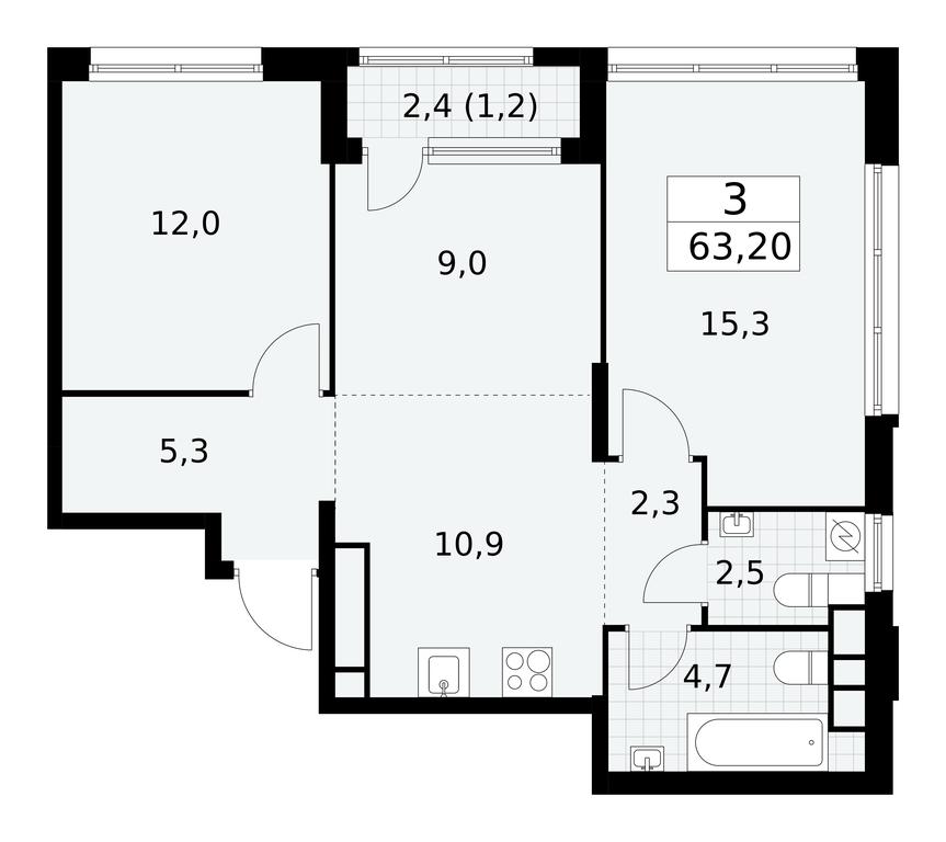 2-BD Apartment Sale, 63.2 sq. m. at Yzhnye Sady, Yuzhnye Sady Residential Complex, Moscow, Russia #2