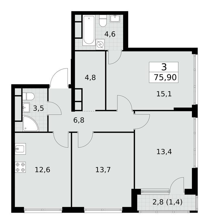 2-BD Apartment Sale, 75.9 sq. m. at Yzhnye Sady, Yuzhnye Sady Residential Complex, Moscow, Russia #1