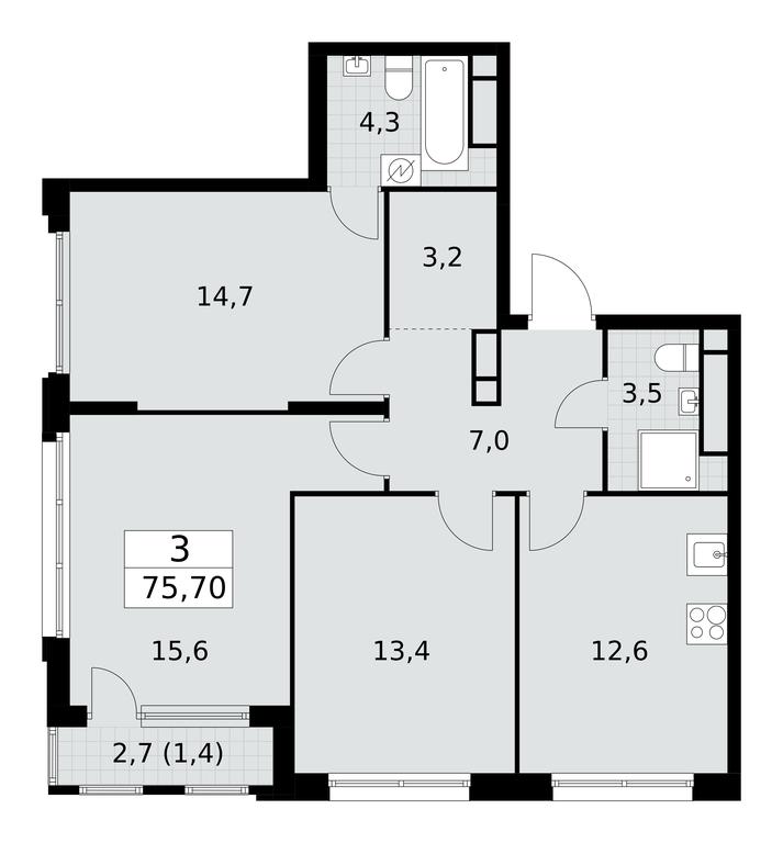 2-BD Apartment Sale, 75.7 sq. m. at Yzhnye Sady, Yuzhnye Sady Residential Complex, Moscow, Russia #1