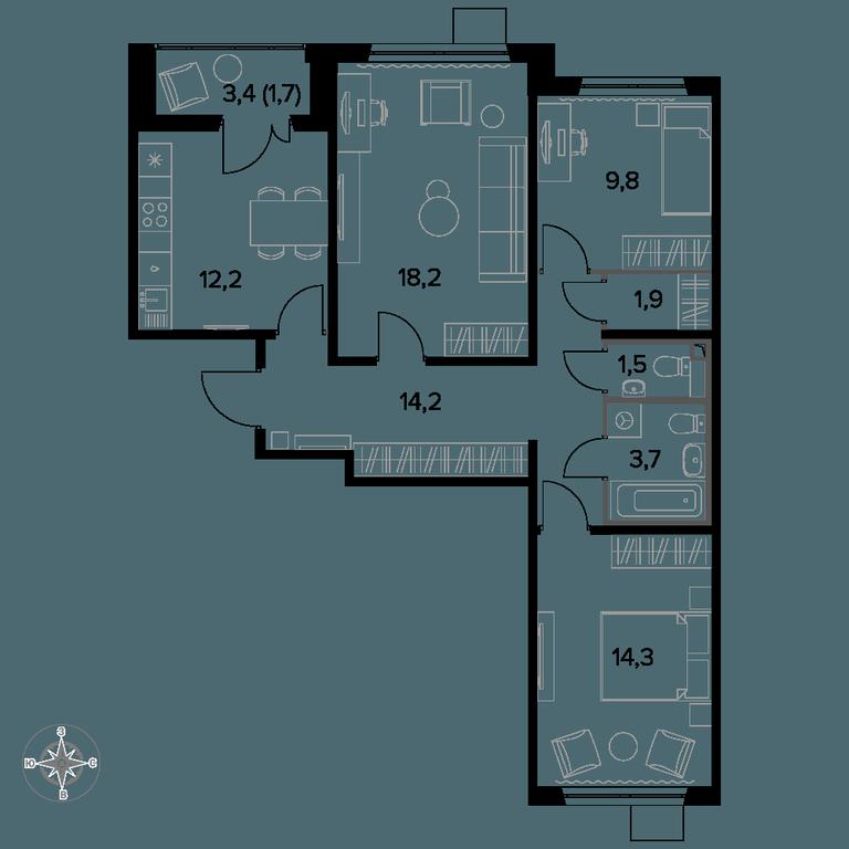 3-BD Apartment Sale, 77.8 sq. m. at Pervyi Leningradskiy, Pervy Leningradskiy Residential Complex, Moscow, Russia #1