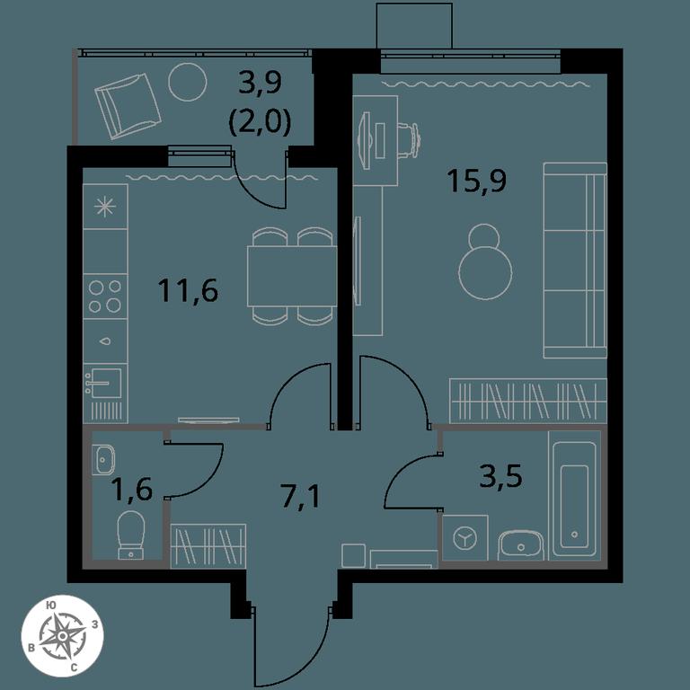 1-BD Apartment Sale, 41.7平方米 at Pervy Yuzhny, zhiloy kompleks Pervy Yuzhny, Leninskiy City District, Moscow Region, Russia #1